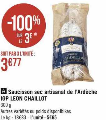 saucisson sec artisanale de l'ardèche igp léon chaillot