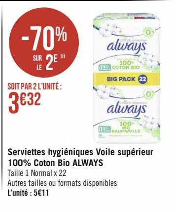 serviettes hygiéniques voile supérieur 100% coton bio always