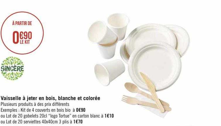 vaisselle à jeter en bois, blanche et colorée sincère