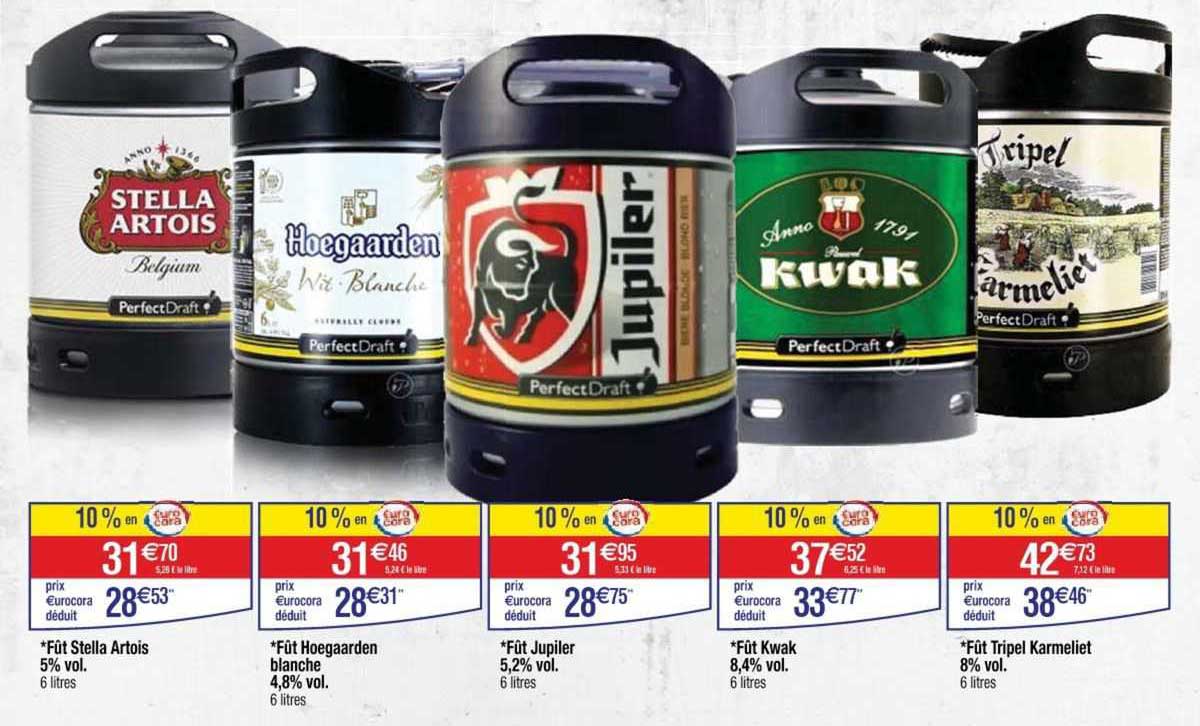 fût stella artois 5% vol, fût heogaarden blanche 4,8% vol, fût jupiler 5,2% vol, fût kwak 8,4% vol, fût tripel karmeliet 8% vol