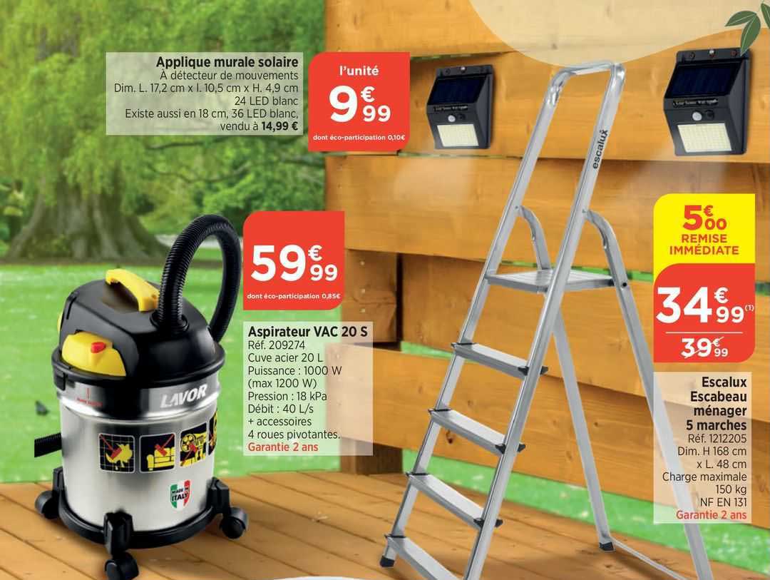 applique murale solaire, aspirateur vac 20 s lavor, escalux escabeau ménager 5 marches