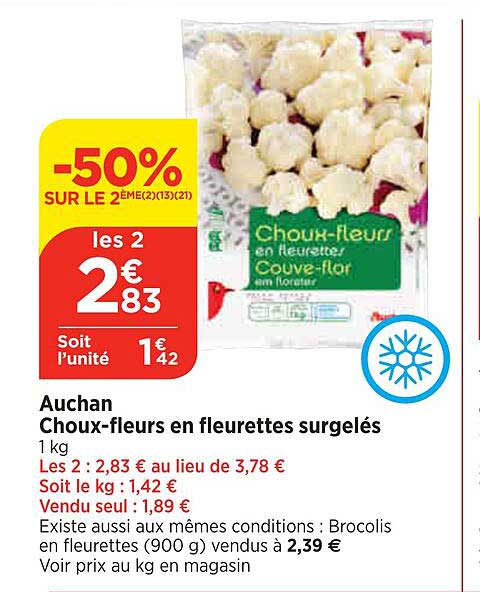 auchan choux-fleurs en fleurettes surgelés