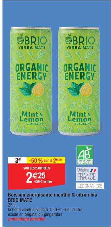 boisson énergisante menthe & citron bio brio mate