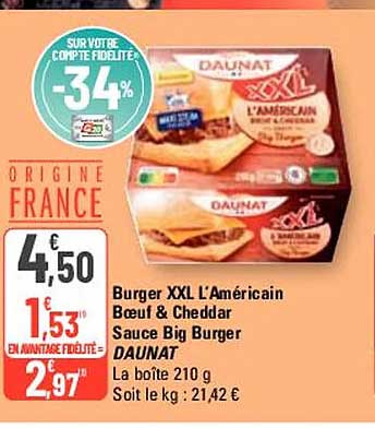 burger xxl l'américain bœuf & cheddar sauce big burger daunat