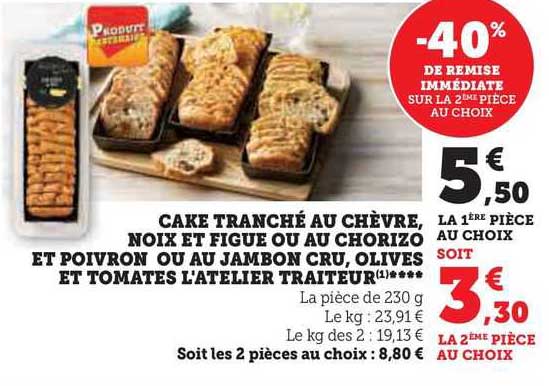 Cake Tranché Au Chèvre, Noix Et Figue Ou Au Chorizo Et Poivron Ou Au Jambon Cru, Olives Et Tomates L'atelier Traiteur