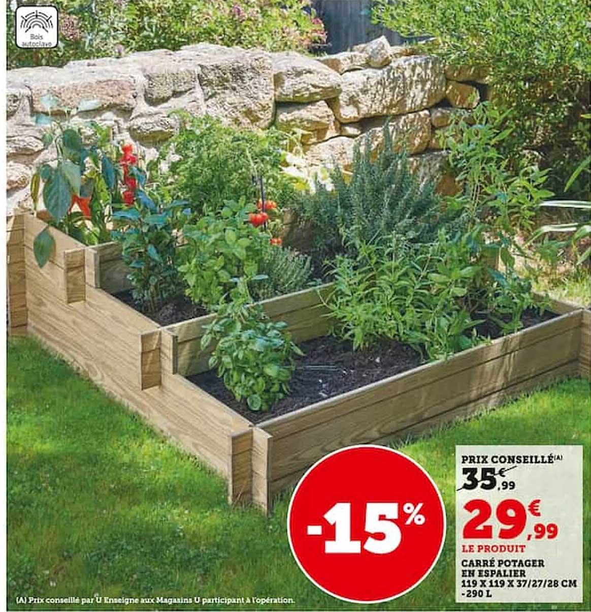carré potager en espalier 119 x 19 x 37/27/28 cm