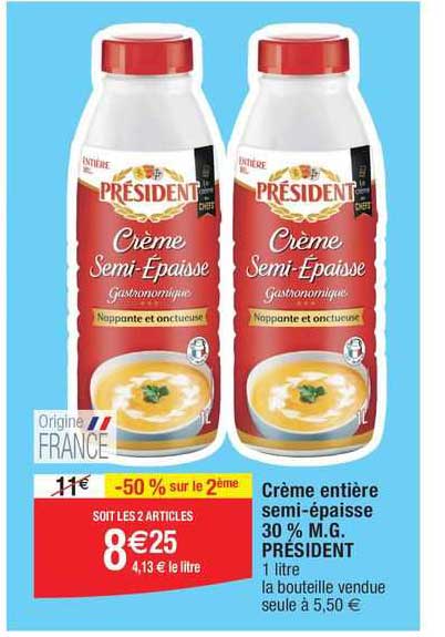 crème entière semi-épaisse 30% m.g. président