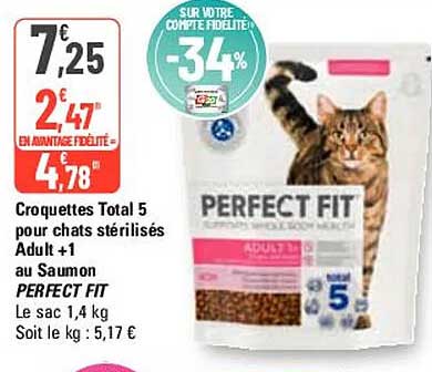 Croquettes Total 5 Pour Chats Stérilisés Adult +1 Au Saumon Perfect Fit