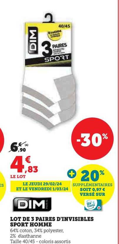 dim lot de 3 paires d'invisibles sport homme