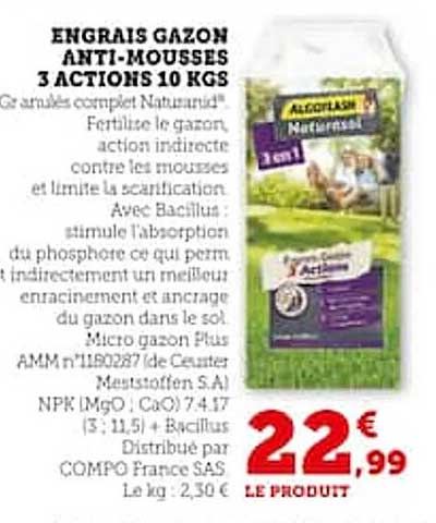 engrais gazon anti-mousses 3 actions 10 kgs