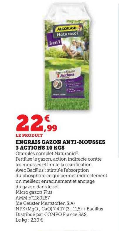 engrais gazon anti-mousses 3 actions 10 kgs