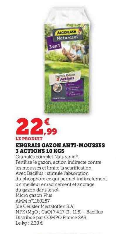 engrais gazon anti-mousses 3 actions 10 kgs