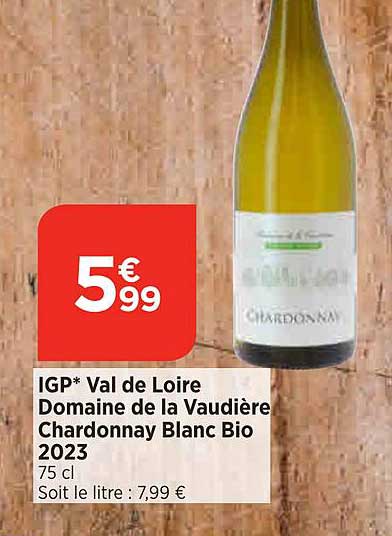 igp val de loire domaine de la vaudière chardonnay blanc bio 2023