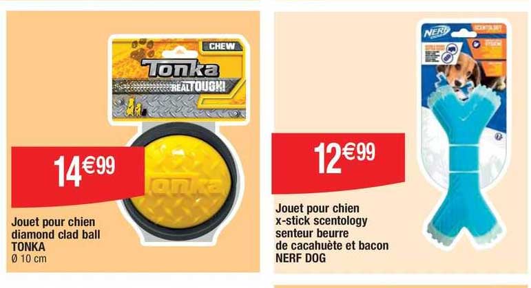jouet pour chien diamond clad ball tonka, jouet pour chien x-stick scentology senteur beurre de cacahuète et bacon nerf dog