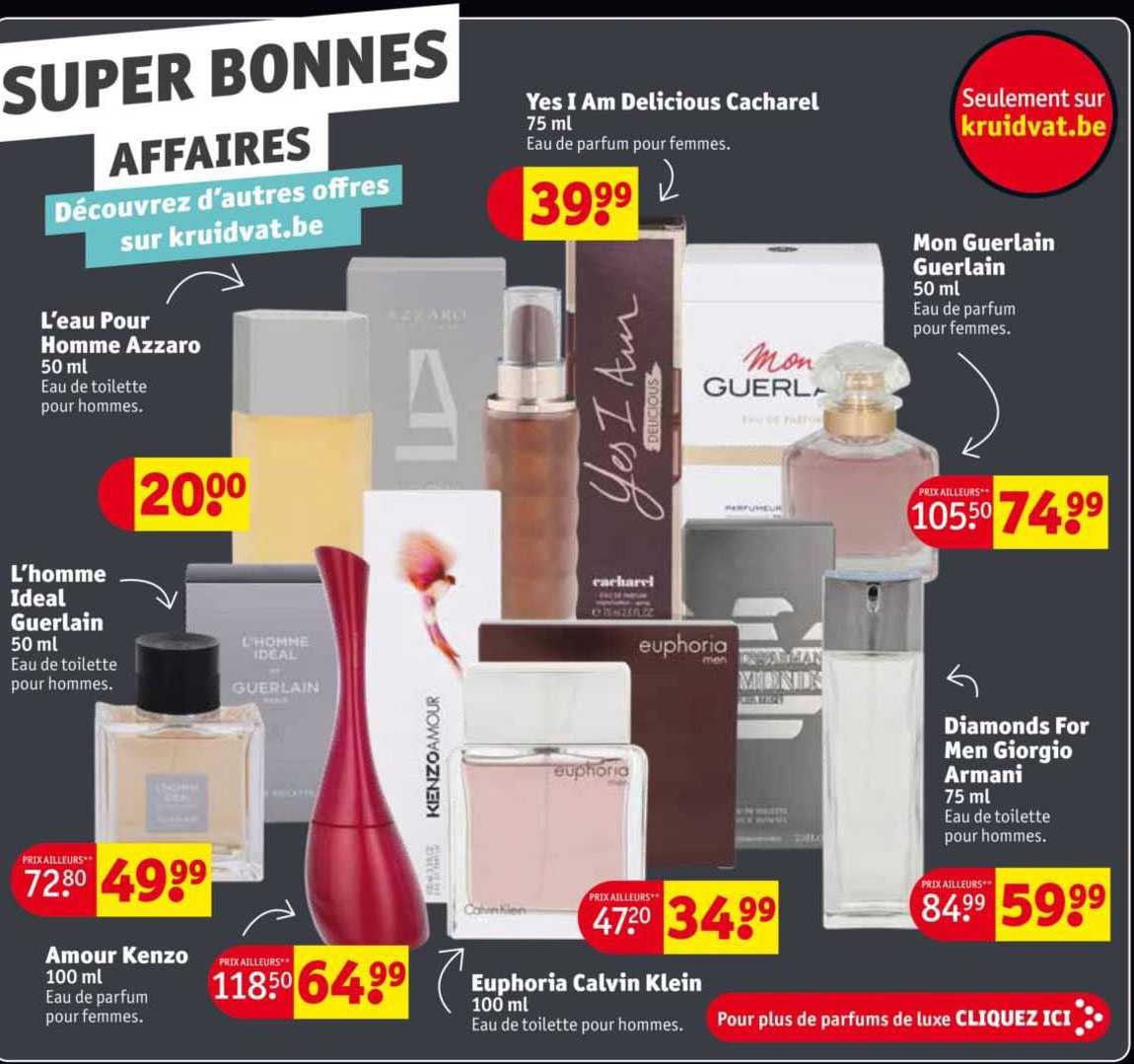 l'eau pour homme azzaro 50 ml, l'homme idéal guerlain 50 ml, amour kenzo 100 ml, euphoria calvin klein, yes i am delicious cacharel, mon guerlain guerlain 50 ml, diamonds for men giorgio armani