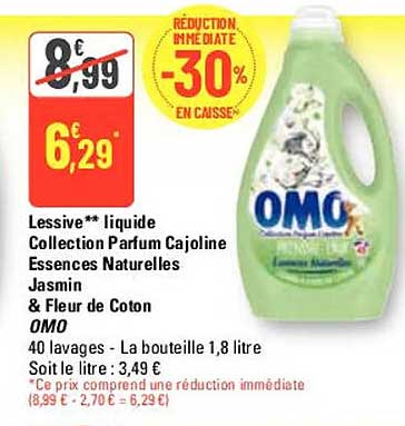 lessive liquide collection parfum cajoline essences naturelles jasmin & fleur de coton omo
