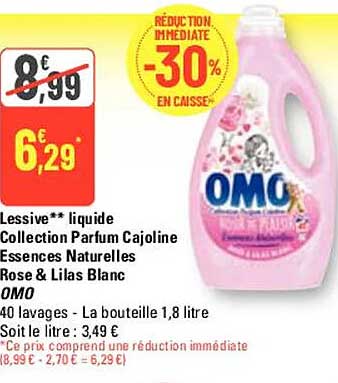 lessive liquide collection parfum cajoline essences naturelles rose & lilas blanc omo