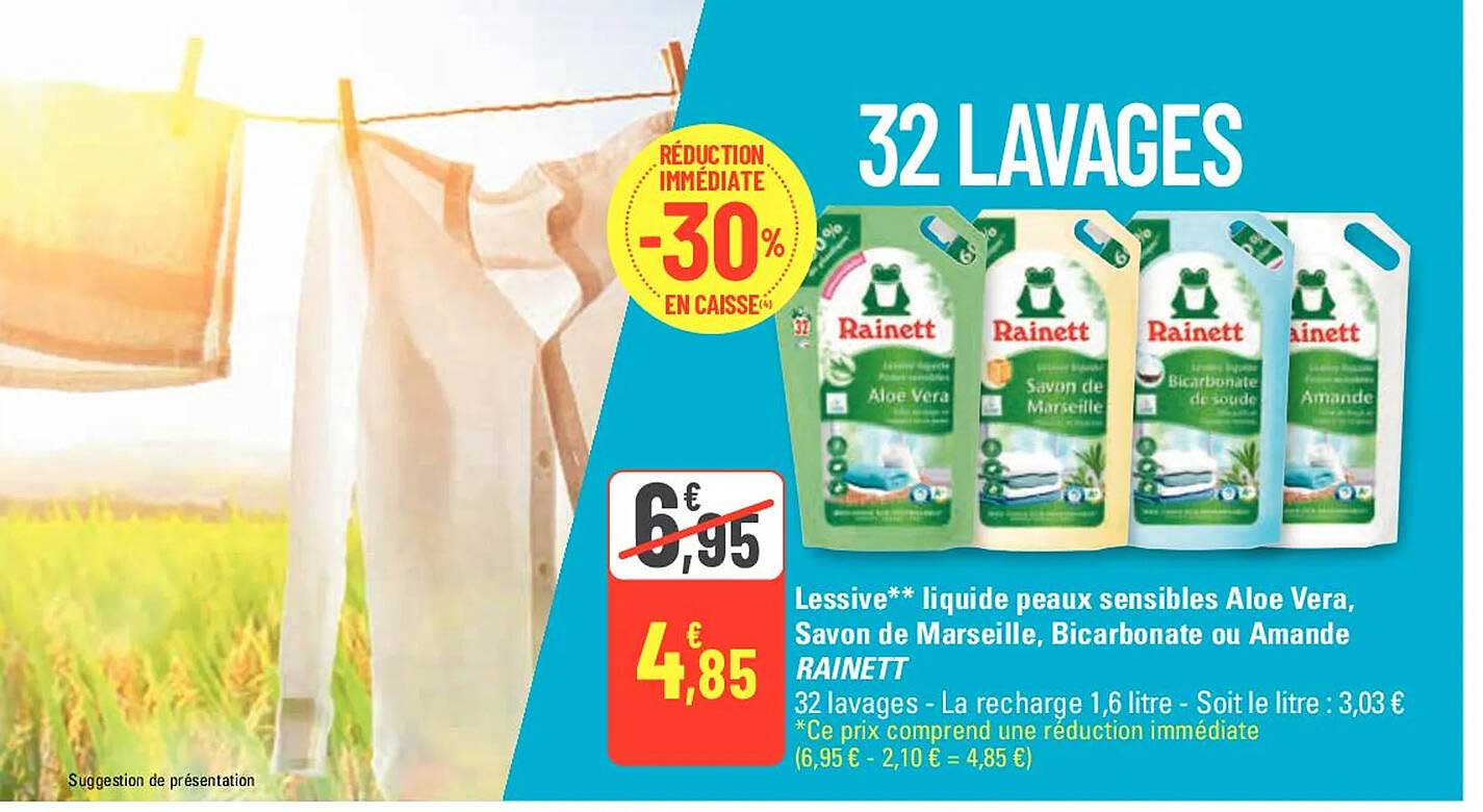 lessive liquide peaux sensibles aloe vera, savon de marseille, bicarbonate ou amande rainett
