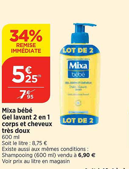 mixa bébé gel lavant 2 en 1 corps et cheveux très doux