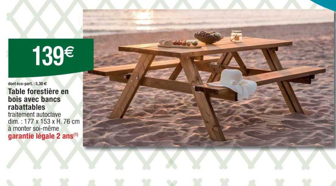 table forestière en bois avec bancs rabattables