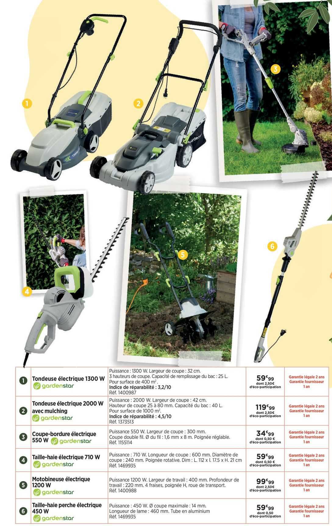tondeuse électrique 1300 w gardenstar, tondeuse électrique 2000 w avec mulching gardenstar, coupe-bordure électrique 550w gardenstar, taille-haie électrique 710 w gardenstar, motobineuse électrique