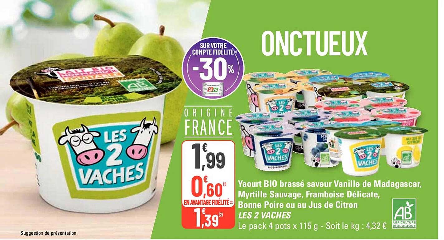 yaourt bio brassé saveur vanille de madagascar, myrtille sauvage, framboise délicate, bonne poire ou au jus de citron les 2 vaches