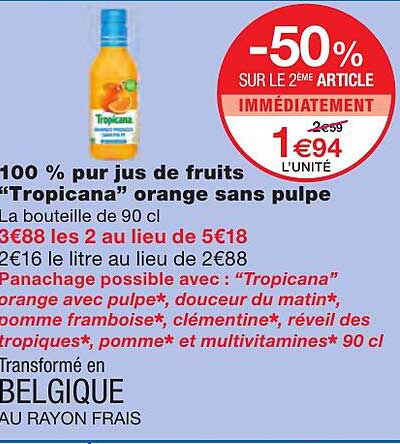 100% Pur Jus De Fruits "tropicana" Orange Sans Pulpe