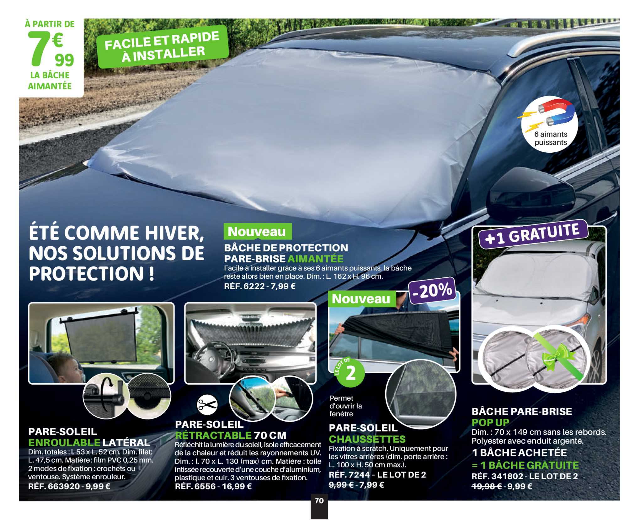 bâche de protection pare-brise aimantée, pare-soleil enroulable latéral, pare-soleil retractable, pare-soleil chaussettes, bâche pare-brise pop up