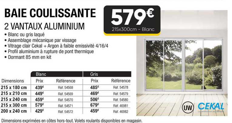 baie coulissante : 2 vantaux aluminium