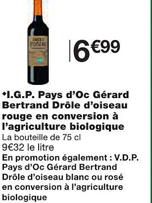 i.g.p. pays d'oc gérard bertrand drôle d'oiseau rouge en conservation à l'agriculture biologique