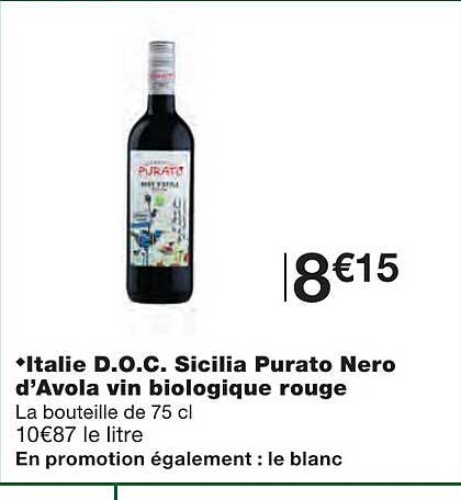 italie d.o.c. sicilia purato nero d'avola vin biologique rouge