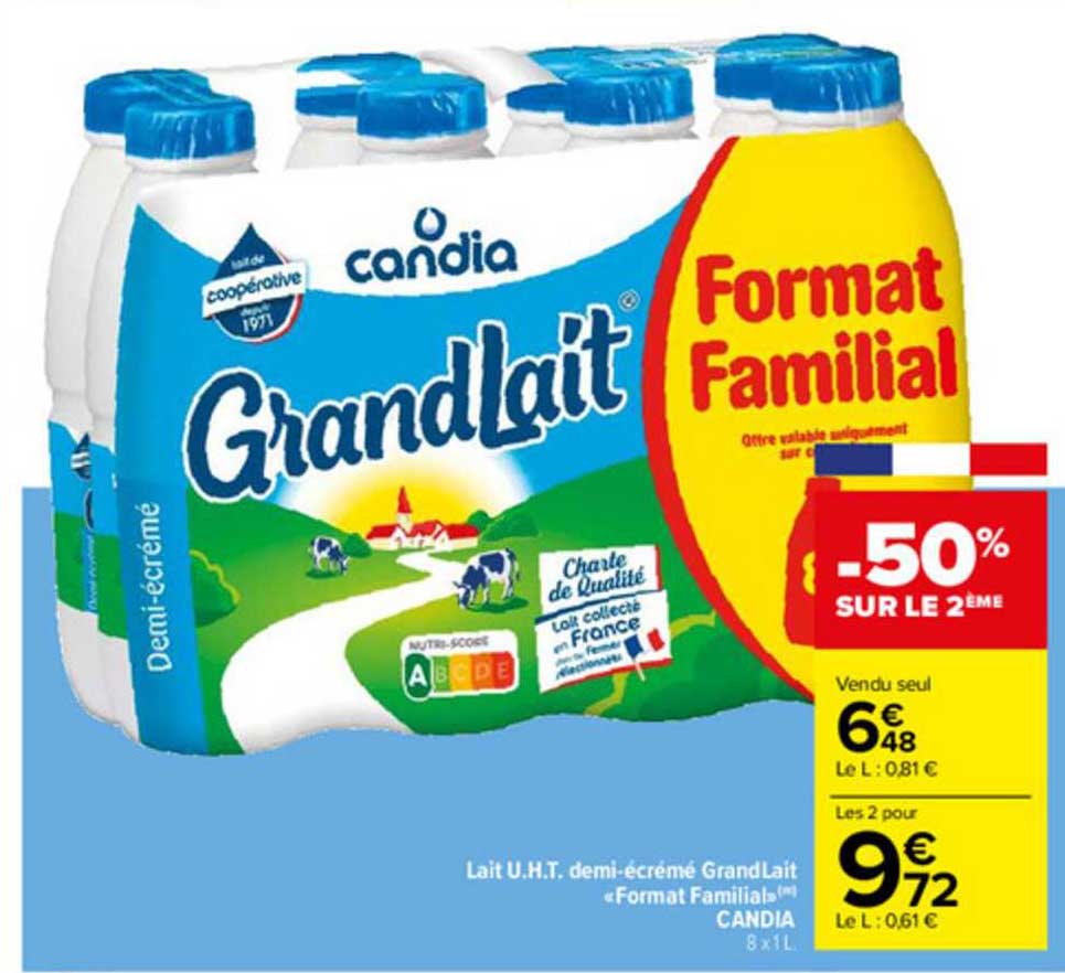 lait u.h.t. demi-écrémé grandlait «format familial» candia