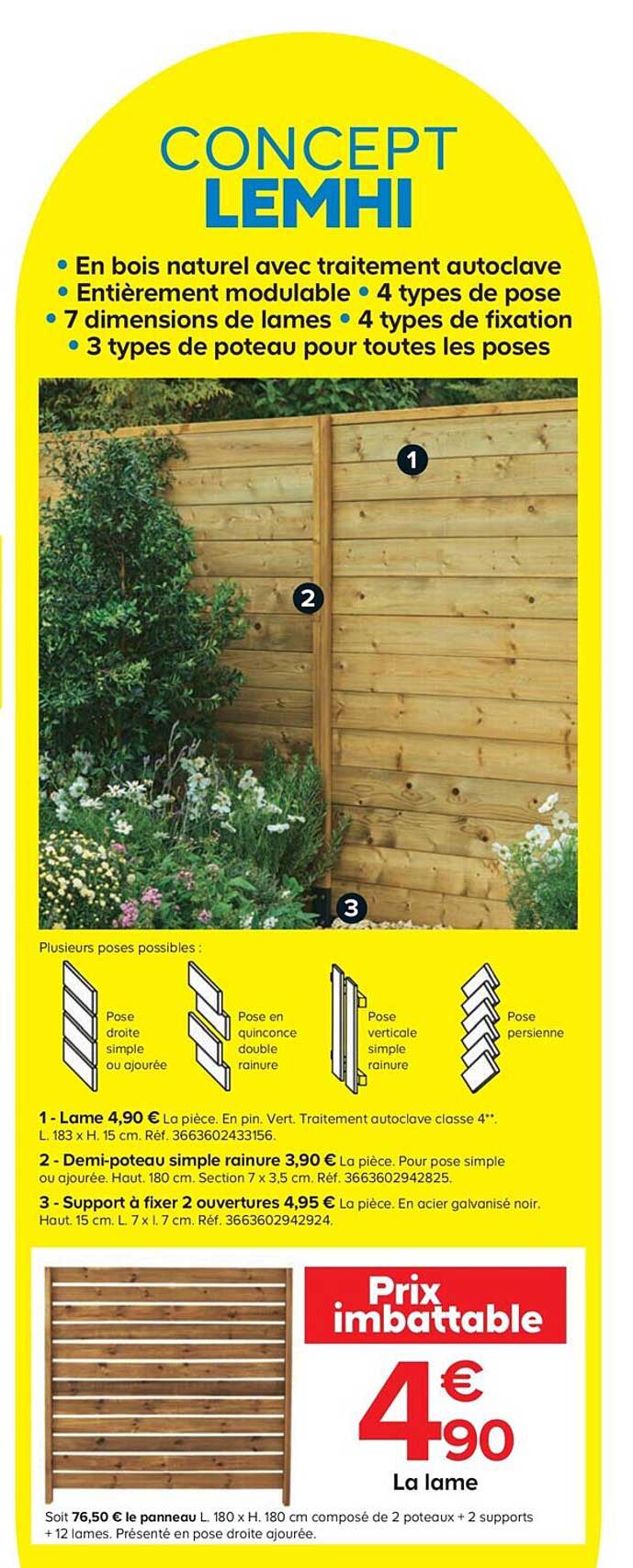 lame, demi-poteau simple rainure, support à fixer 2 ouvertures