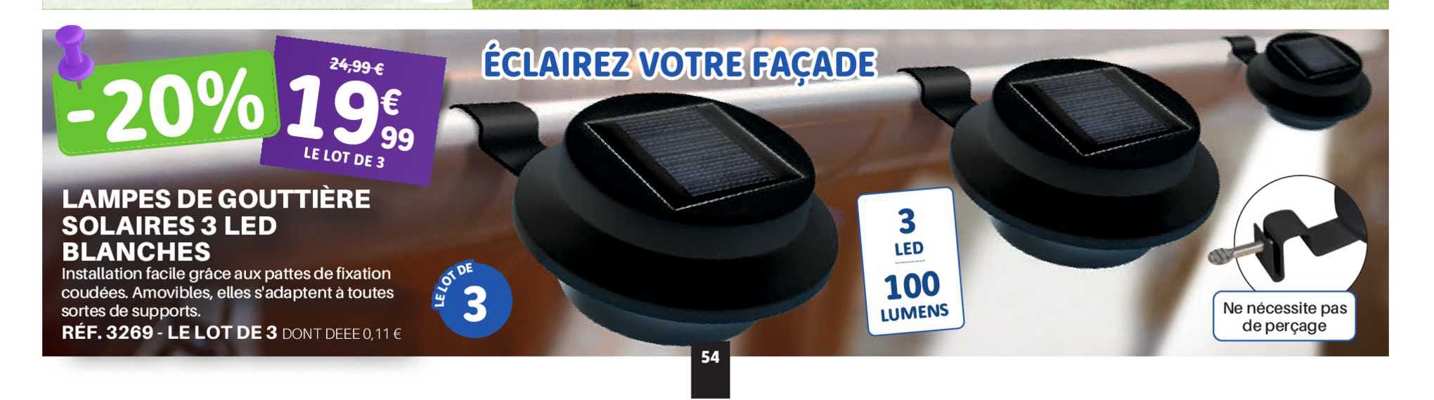 lampes de gouttière solaires 3 led blanches