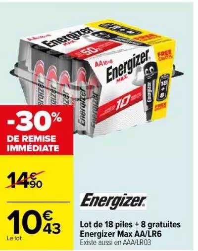 lot de 18 piles + 8 gratuites energizer max aa-lr6