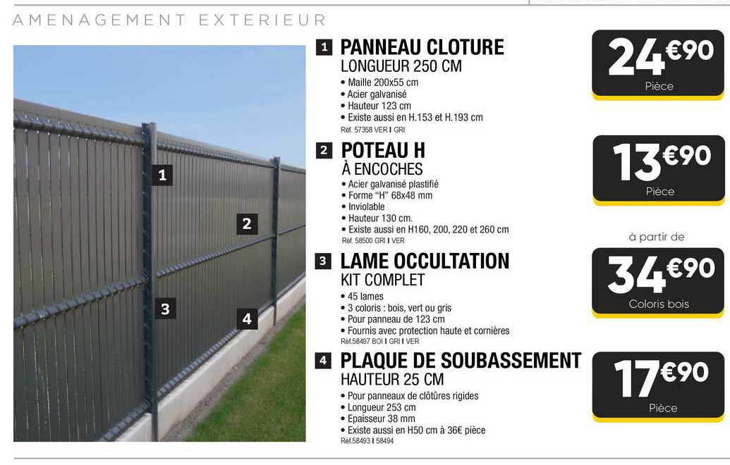 panneau cloture, poteau h, lame occultation, plaque de soubassement