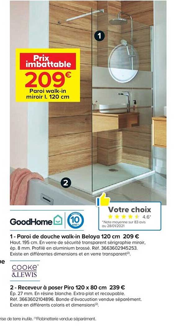 paroi de douche walk-in beloya 120 cm, receveur à poser piro 120 x 80 cm goodhome