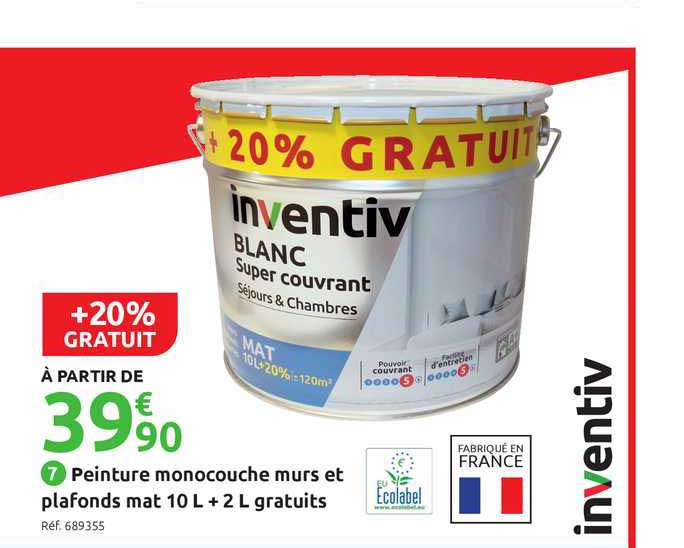 peinture monocouche murs et plafonds mat 10 l + 2 l gratuits inventiv