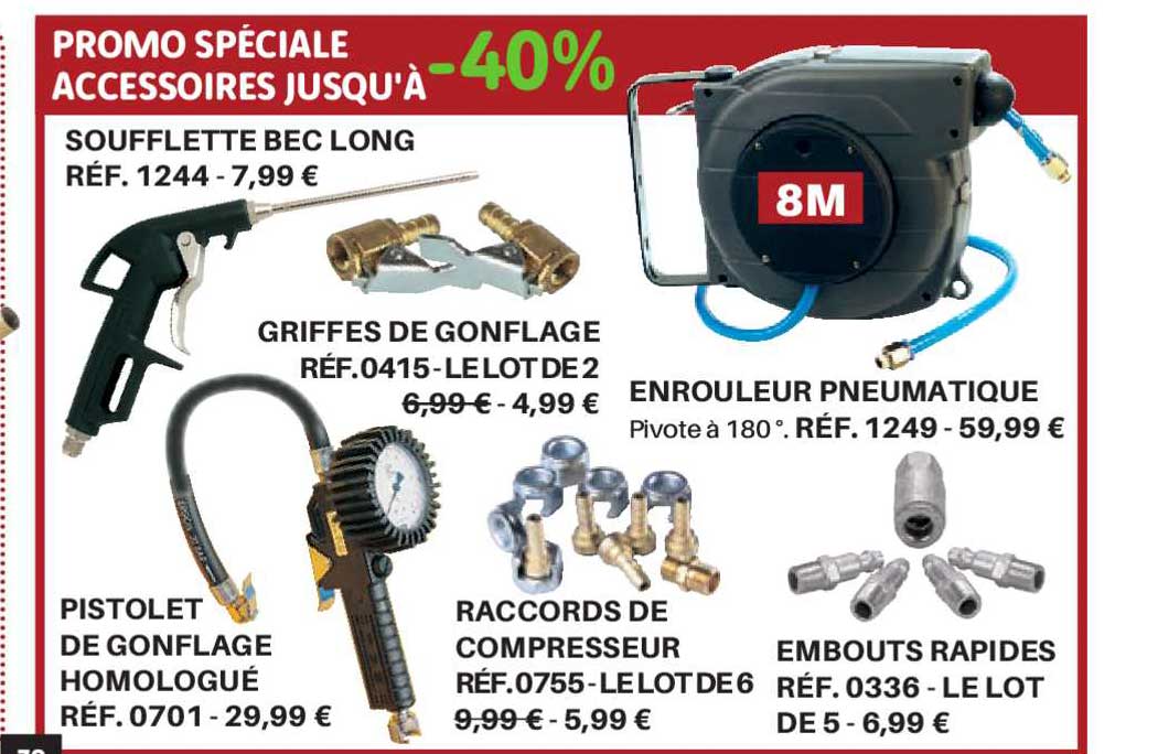 soufflette bec long, griffes de gonflage, enrouleur pneumatique, pistolet de gonflage homologué, raccords de compresseur, embouts rapides