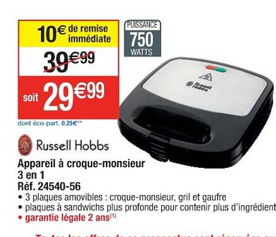 appareil à croque-monsieur 3 en 1 réf. 24540-56 russell hobbs