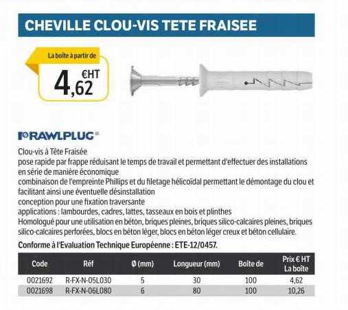 cheville clou-vis tête fraisée