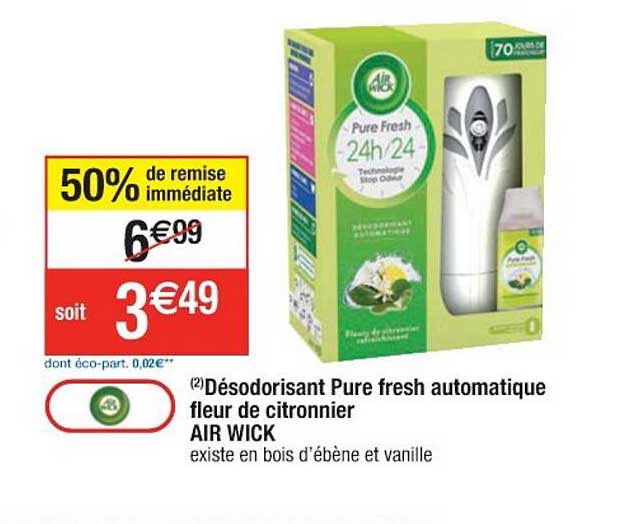 désodorisant pure fresh automatique fleur de citronnier air wick 50% de remise immédiate