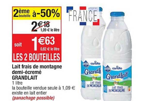 lait frais de montagne demi-écremé grandlait 2ème bouteille à -50%
