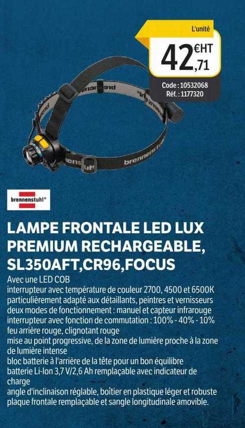 lampe frontale led lux premium rechargeable sl350aft cr96 focus