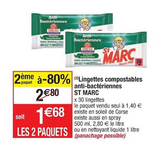 lingettes compostables anti-bactériennes st marc 2ème paquet à -80%