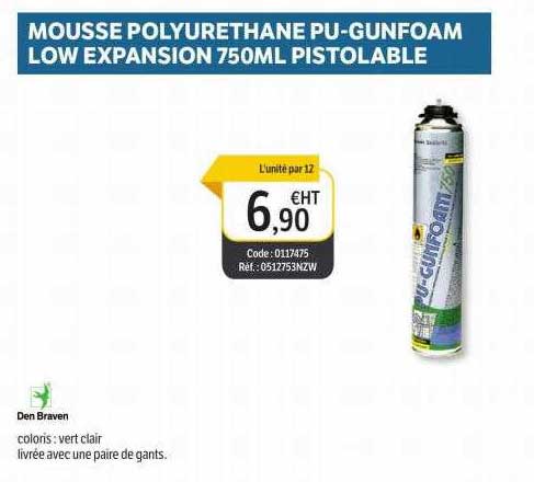 mousse polyurethane pu-gunfoam low expansion 750ml pistolable den braven