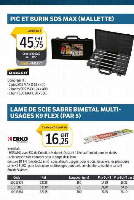 pic et burin sds max (mallette) lame de scie sabre bimetal multi-usages k9 flex (par 5)
