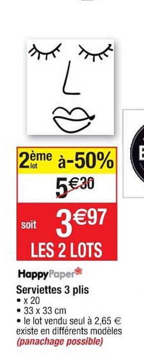 serviettes 3 plis happy paper 2ème lot à -50%