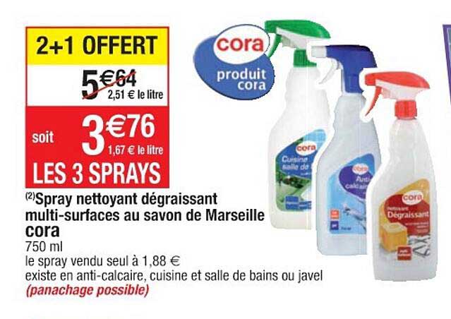 spray nettoyant dégraissant multi-surfaces au svon de marseilel cora 2+1 offert