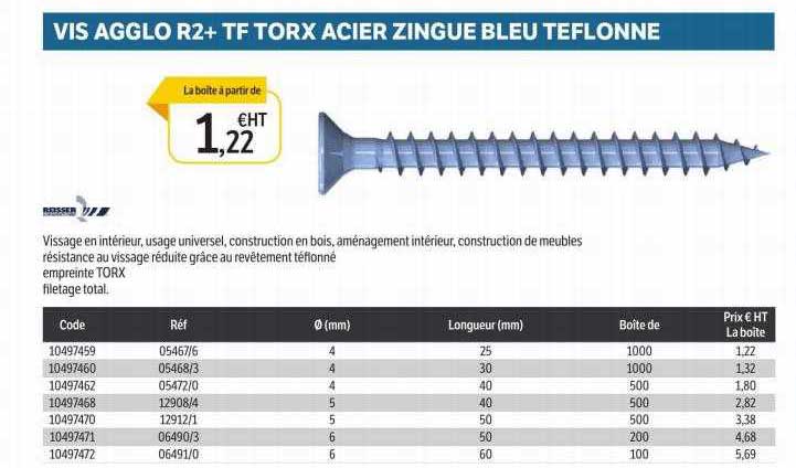vis agglo r2+ tf torx acier zingue bleu teflonne